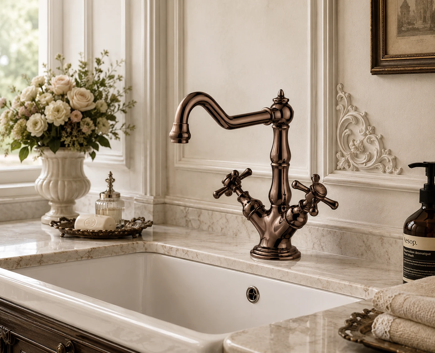 Vòi lavabo nóng lanh 1 lỗ mạ Đồng Cổ 60C4088MOR