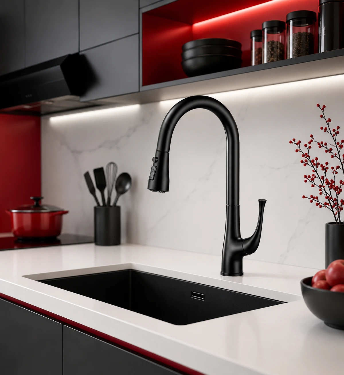 Vòi bếp nóng lạnh rút dây màu Niken Đen KNN1368