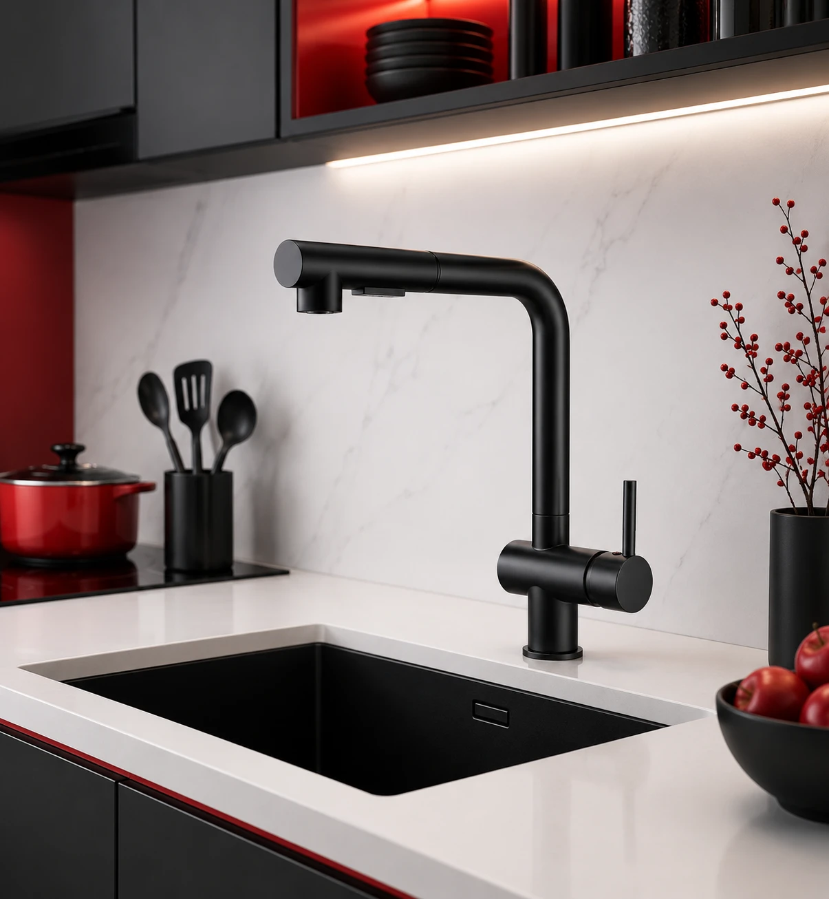 Vòi bếp nóng lạnh rút dây màu Niken Đen KNN1388
