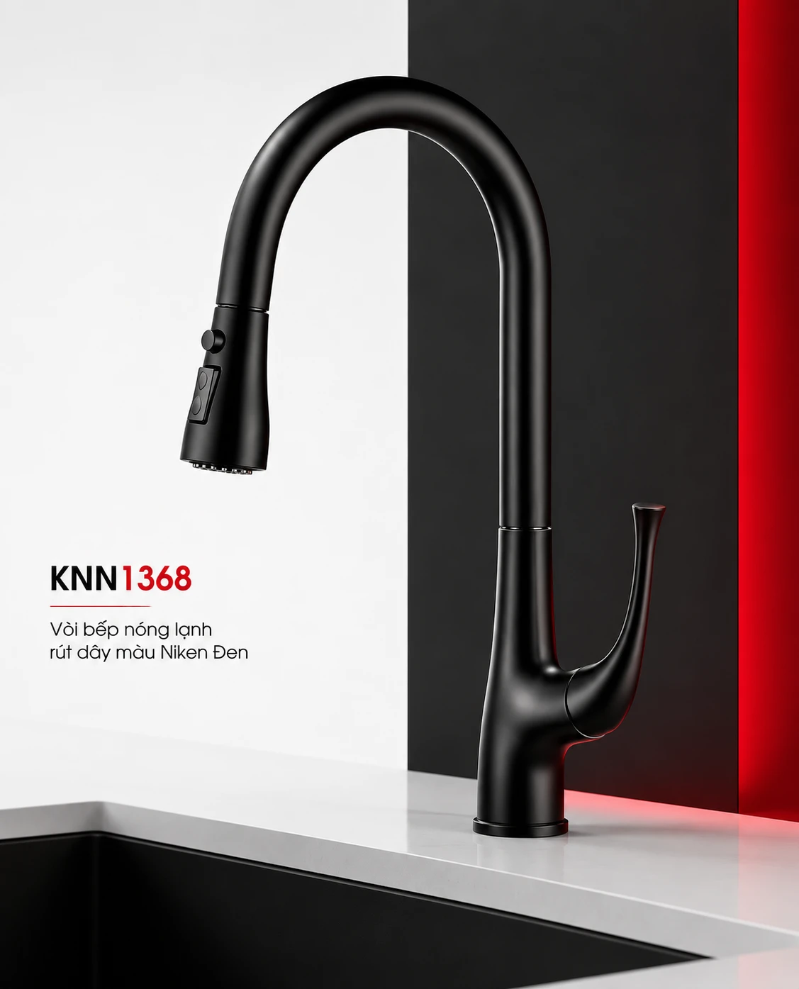 Vòi bếp nóng lạnh rút dây màu Niken Đen KNN1368
